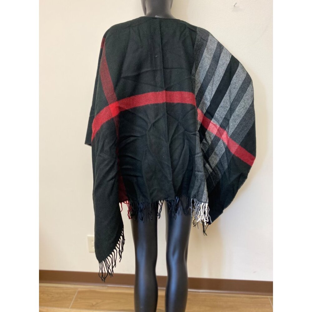Fraas Women's Black Fraas Plaid Cape Sweater with Fringe Trim Size One Size NWT - Picture 3 of 4